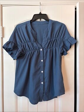 SHEIN Blue Ruffle Sleeve Button-Down Top